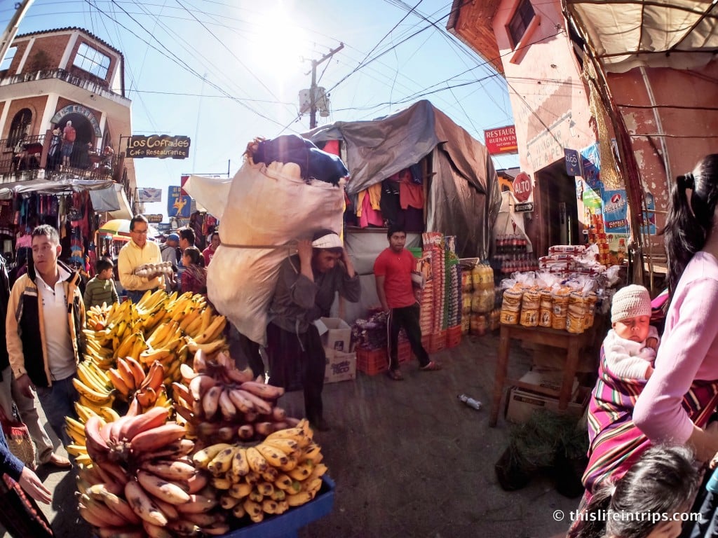 Bustling market scene in Chichicastenango, Guatemala.