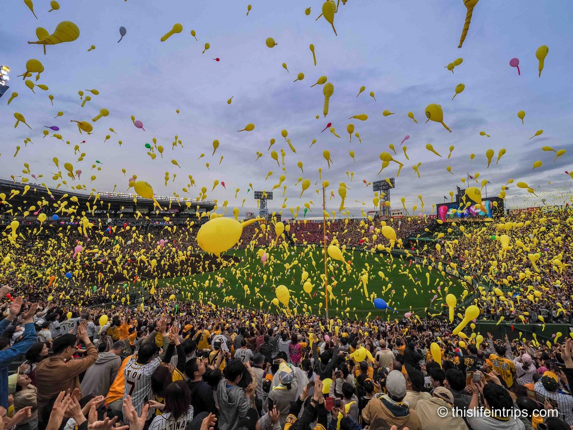 Japanese baseball enthusiasts showing team spirit with yellow balloons.