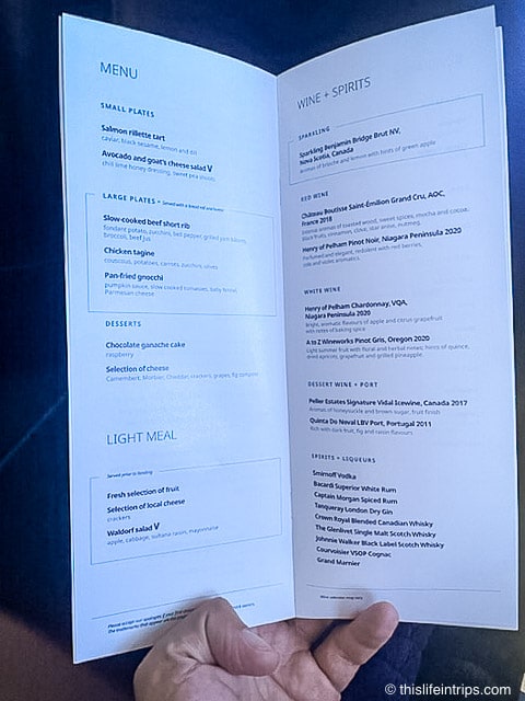 westjet business class menu