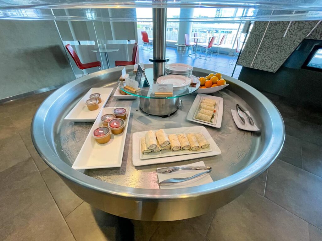display of cold snacks at Air Canada Lounge in Winnipeg.