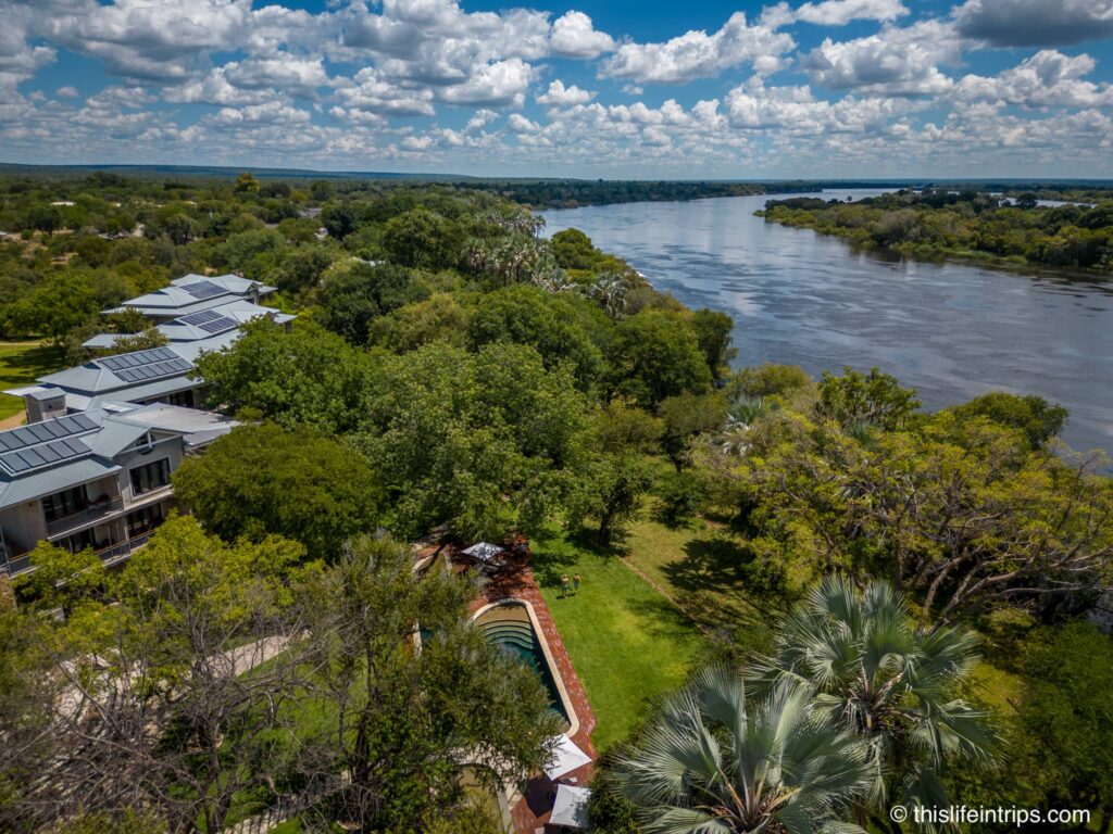 Palm River Hotel Victoria Falls from above. Zambezi River in background