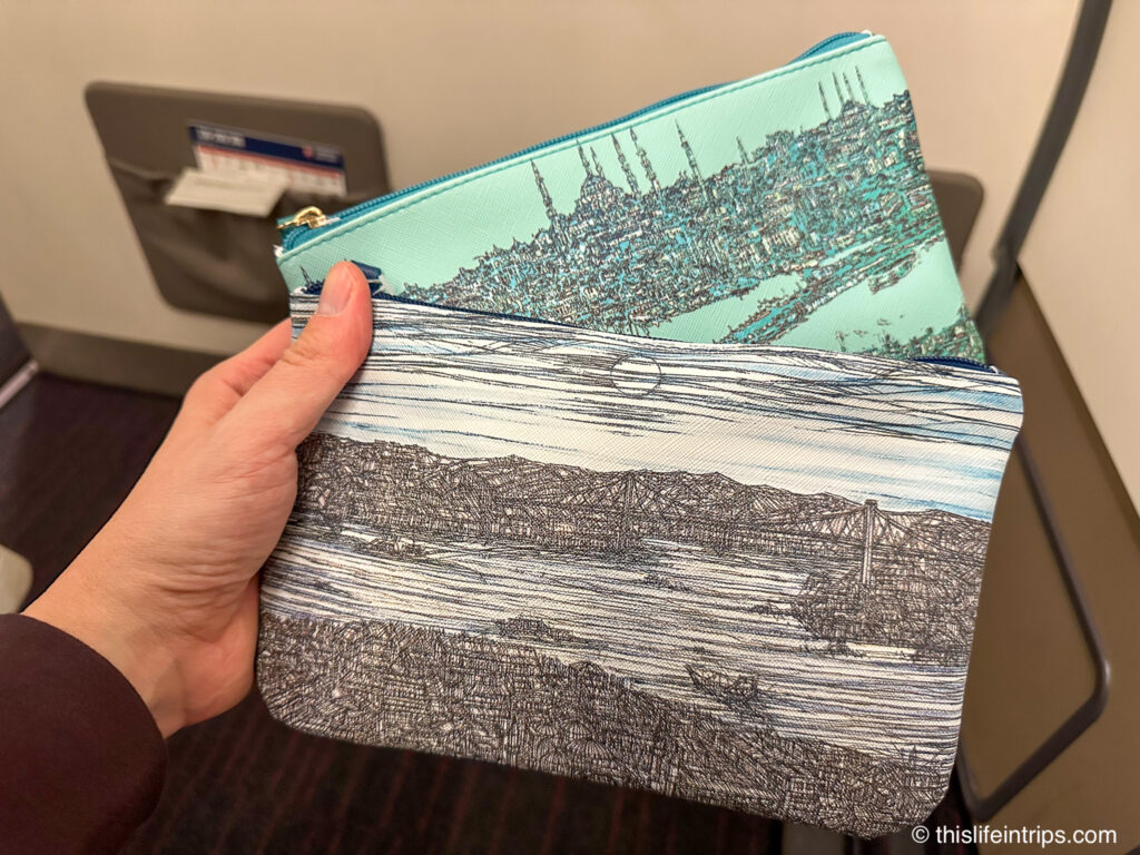 Turkish Airlines A330-200 Business class amenity kits in green and grey