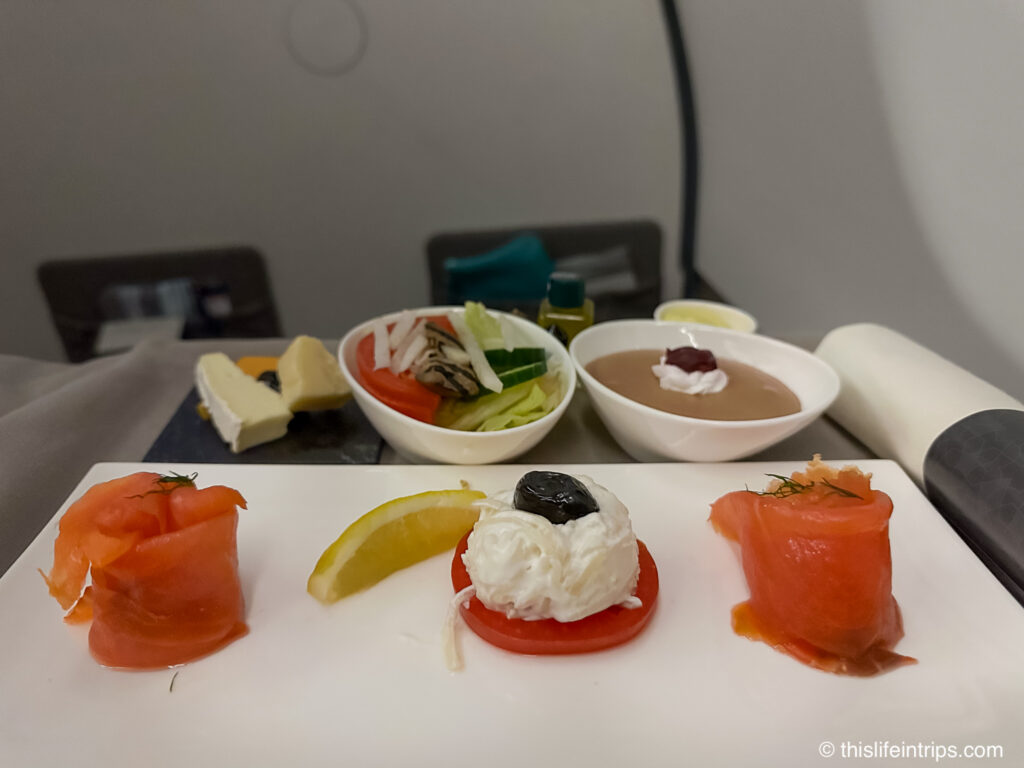 Turkish Airlines A330-200 Business class meal of smocked salmon starter
