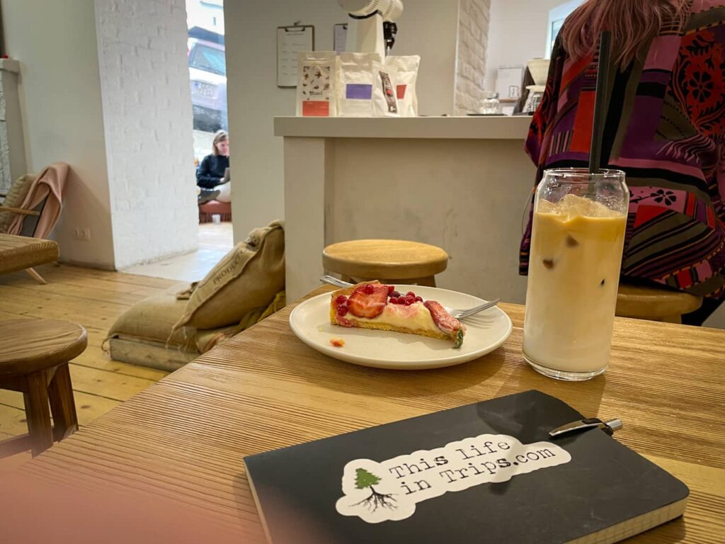 Cafe in Tbilisi with ice latte and piece of cake