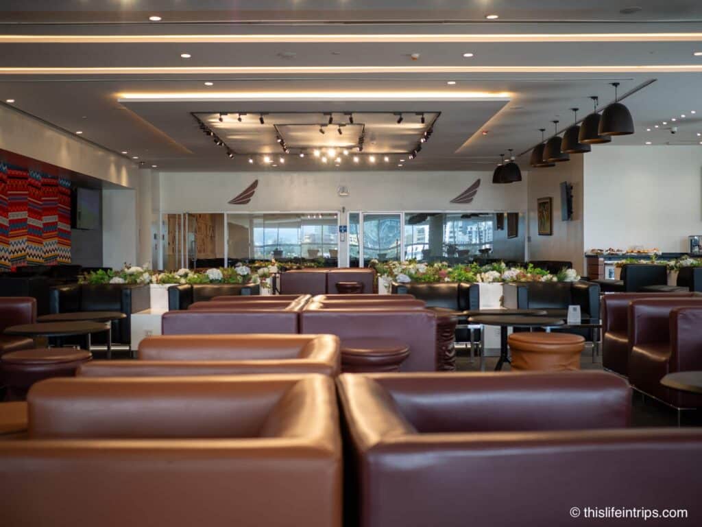 Brown leather seats inside the Ethiopian Airlines lounge Addis Ababa