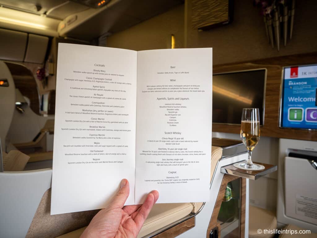 Emirates business class menu on their 777-200lr service