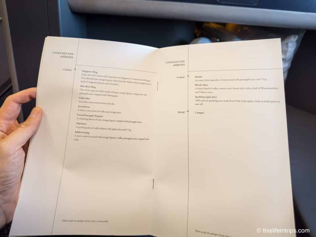 Singapore Airlines a380 Business Class Menu