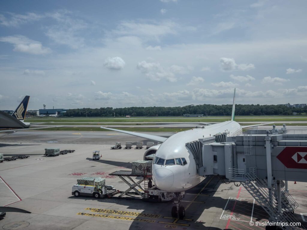 EVA Air 777 at gate in Singapore