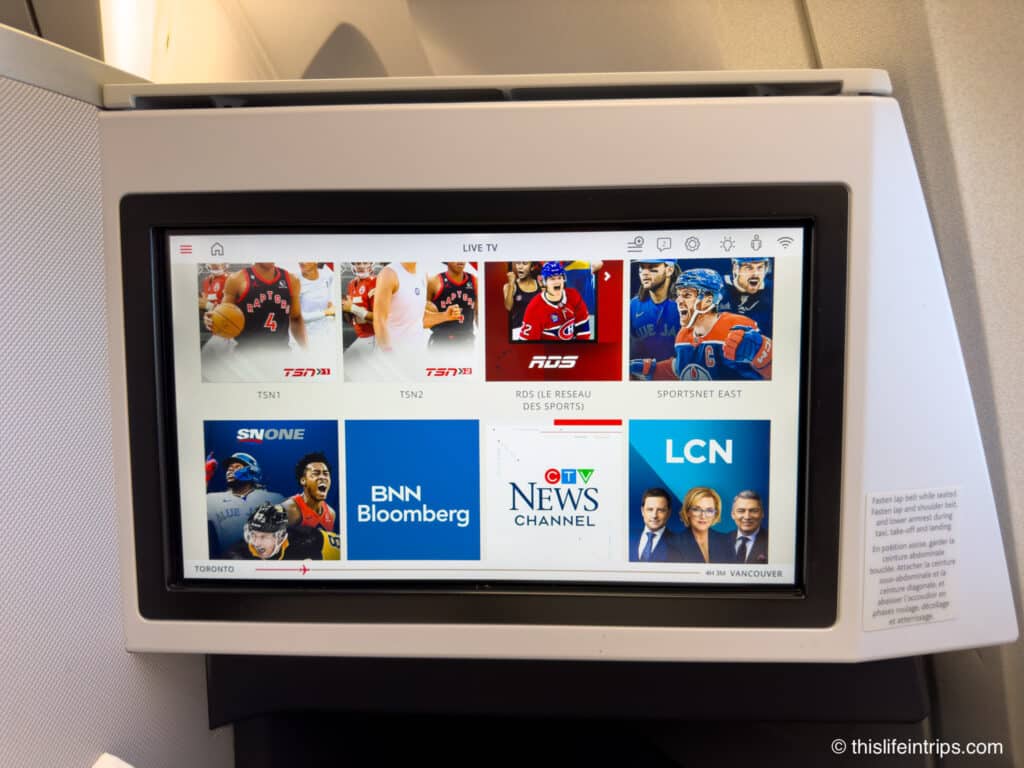 Air Canada A330 business class in flight entertainment