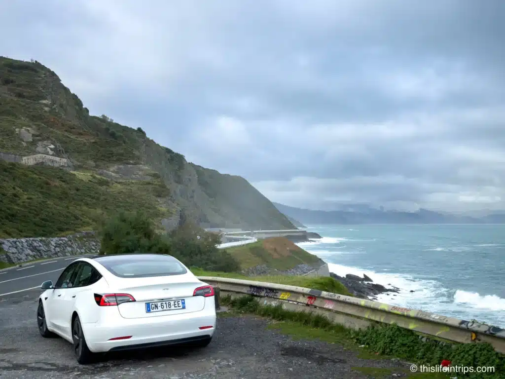 Tesla Model 3 on the coast between San Sebastian and Bilbao