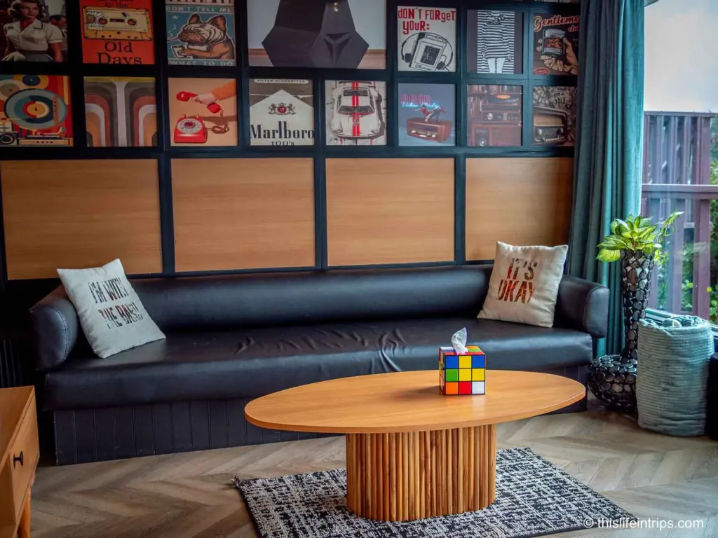 The Record Room living room at the Florentine Hotel - very unique cabin rentals in Oregon Coast